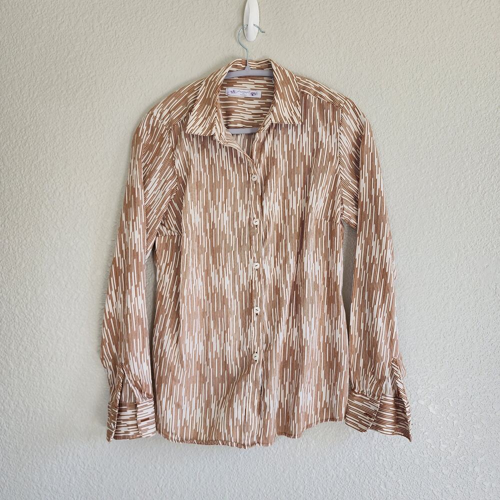 Foxcroft Ava Button Up Shirt Warm Geo Print Neutral Long Sleeve Cotton